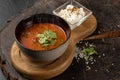 Spicy Japanese Tom Yam Soup with rice, chicken fillet, mushrooms and chili. Royalty Free Stock Photo
