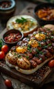 Spicy Korean pork belly sandwiches with egg and green onions on wooden board Royalty Free Stock Photo