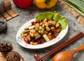 Spicy Kung Pao Chicken with peanuts served in dish isolated table top view of chinese food Royalty Free Stock Photo