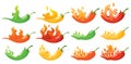 Spicy level. Hot chili pepper icons set with flame and color rating of mild, medium hot and extra hot. Level of pepper Royalty Free Stock Photo