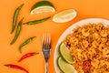 Spicy Mexican Rice With Fried Shrimps or Prawns And Lime Royalty Free Stock Photo