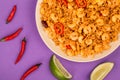 Spicy Mexican Rice With Fried Shrimps or Prawns And Lime Royalty Free Stock Photo