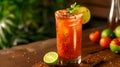 Spicy michelada cocktail with a chili rim and lime, traditional cinqo de mayo drinks. Mexican michelada beer drink with tomato Royalty Free Stock Photo