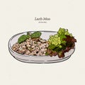 Spicy Minced Pork Salad Larb Moo Thai food, hand draw sketch vector