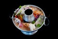 Spicy mixed seafood soup in boiled hot pot Royalty Free Stock Photo