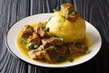 Spicy mofongo with plantains, garlic and chicharron served with meat and broth close-up on the table. horizontal Royalty Free Stock Photo