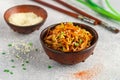 Spicy mung bean sprouts salad with garlic, sesame seeds, green onions, soy sauce, spices and red pepper. Kongnamul Muchim. Royalty Free Stock Photo