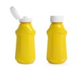 Spicy mustard in plastic bottles on white background, collage Royalty Free Stock Photo