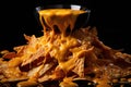 spicy nacho sauce dripping on tortilla chips