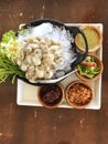 Spicy Oyster Salad decoration on plate, seafood concept