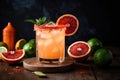 Spicy Paloma. A Mexican cocktail with grapefruit juice, lime juice, tequila and jalapeÃÂ±o syrup