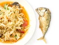 Spicy papaya salad and mackerel deep fried Royalty Free Stock Photo