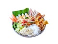 Spicy papaya salad ,vegetable meat with egg and thai rice flour noodles in tray isolated on white background clipping path, Thai Royalty Free Stock Photo