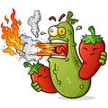 Spicy Pickle Cartoon with Hot Peppers Breathing Fire Royalty Free Stock Photo