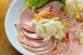 Spicy pork bologna and white mushroom salad on plate Royalty Free Stock Photo