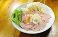 Spicy pork bologna and white mushroom salad on plate Royalty Free Stock Photo