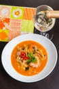 Spicy prawn soup with a glass of wine Royalty Free Stock Photo