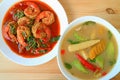 Spicy Prawns Stir Fried with Holy Basil and Spicy Mixed Vegetable Soup, Popular Healthy Thai Dishes