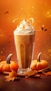 Spicy pumpkin latte in high drinking glass with whipped cream and cinnamon over blurred background with bokeh lights. Creamy