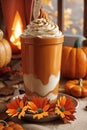 Spicy pumpkin latte with whipped cream. Generative AI.