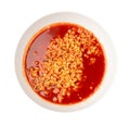 Spicy Ramen, Red Hot Noodle Soup in White Bowl Isolated Top View, Hot Chili Pepper Ramen Royalty Free Stock Photo