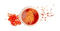 Spicy Ramen, Red Hot Noodle Soup in White Bowl Isolated Top View, Hot Chili Pepper Ramen Royalty Free Stock Photo