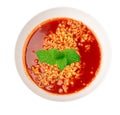 Spicy Ramen, Red Hot Noodle Soup in White Bowl Isolated Top View, Hot Chili Pepper Ramen Royalty Free Stock Photo