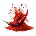 Spicy Red Chilies Powder Explosion On White Background