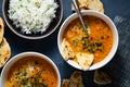 Spicy red lentil soup with naan bread and basmati rice Royalty Free Stock Photo