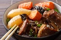 Spicy ribs stewed with mushrooms, pears and carrots close-up in Royalty Free Stock Photo