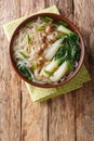 Spicy rice noodle soup with mushrooms, Asian spices and bok choy closeup in a bowl. Vertical top view Royalty Free Stock Photo