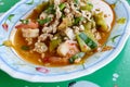 Spicy salad mixing of grilled eggplant, minced pork Royalty Free Stock Photo