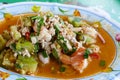 Spicy salad mixing of grilled eggplant, minced pork Royalty Free Stock Photo