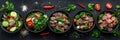 Spicy Salads Set, Salat Collection with Beef Meat and Vegetables Salats Top View, Restaurant Buffet Menu Royalty Free Stock Photo