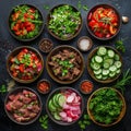 Spicy Salads Set, Salat Collection with Beef Meat and Vegetables Salats Top View, Restaurant Buffet Menu Royalty Free Stock Photo