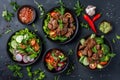 Spicy Salads Set, Salat Collection with Beef Meat and Vegetables Salats Top View, Restaurant Buffet Menu Royalty Free Stock Photo