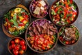 Spicy Salads Set, Salat Collection with Beef Meat and Vegetables Salats Top View, Restaurant Buffet Menu Royalty Free Stock Photo