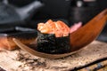 Spicy salmon gunkan. Sushi menu.