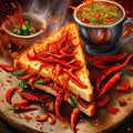 Spicy sandwich spectacle with bursting chilies and flames Royalty Free Stock Photo