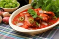 Spicy Sardines in tomato sauce canned fish .protein food on dish