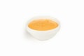Spicy sauce in a bowl on a white background. For the restaurant menu. Traditional Japanese sushi seasoning. Healthy