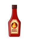 Spicy sauce in red bottle. Ketchup, hot tomato and chili sauce in bottle, red chili pepper and yellow fire on label. Vector Royalty Free Stock Photo