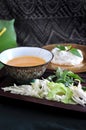 Spicy Sauce with Rice Noodle on Background Royalty Free Stock Photo