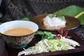 Spicy Sauce with Rice Noodle on Background Royalty Free Stock Photo