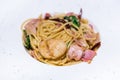 Spicy scallop and ham pasta with basil ( Thai style pad kee mao)