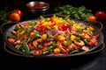 Spicy seafood salad on black plate thai cuisine, fresh vegetables, isolated pastel background Royalty Free Stock Photo