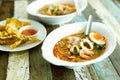 Spicy seafood soup with noodle and boiled egg Royalty Free Stock Photo