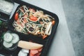 Spicy seafood spaghetti served in lunch box Royalty Free Stock Photo