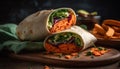 Spicy shawarma wrap with fresh vegetables and homemade guacamole generated by AI