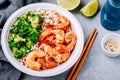 Spicy Shrimp Burrito Bowl with cilantro lime rice and broccoli Royalty Free Stock Photo